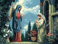 The annunciation of Mary in the style of colorful pixel-art, manga inspired. Vector, generative ai.