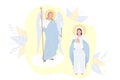 Annunciation of the Most Holy Theotokos. Virgin Mary, Mother of Christ in a blue maforia and Archangel Gabriel with a lily on a