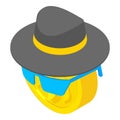 Anonymity concept icon isometric vector. Man hat sunglasses on gold crypto coin