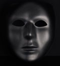 Anonymous black mask protruding from pitch black background. Royalty Free Stock Photo