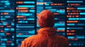 Anonymous coder analyzing data streams displayed on multiple screens wearing orange beanie and matching top unveiling digital Royalty Free Stock Photo