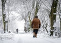 Anonymous commuter walking to work during winter blizzard and heavy snowstorm wrapped up warm through woodland