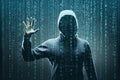 Anonymous computer hacker over abstract digital background. Obscured dark face in mask and hood. Data thief, internet