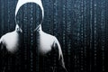 Anonymous computer hacker over abstract digital background. Obscured dark face in mask and hood. Data thief, internet