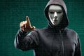 Anonymous computer hacker over abstract digital background. Obscured dark face in mask and hood. Data thief, internet