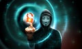 Anonymous computer hooded hacker on blue background with binary code. Hacked lock. Anonymous hacker activist group. hacking