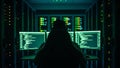 Anonymous figure coding in server room ambiance emphasizing technological cybersecurity and Royalty Free Stock Photo