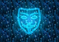 Anonymous Guy Fawkes mask on blue matrix symbols, digital fraud, scam concept illustration Royalty Free Stock Photo