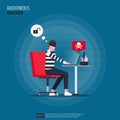 Anonymous hacker activity concept. Man with mask character design doing cyber crime with his laptop. Flat style vector Royalty Free Stock Photo