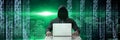 Anonymous hacker with computer code binary interface in city Royalty Free Stock Photo