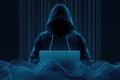 Anonymous hacker in a dark hoodie using a laptop surrounded by digital waves and binary code on a dark background Royalty Free Stock Photo