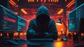 Anonymous hacker. Dark silhouette of a person in a hood against a background of blurred high-tech workspace