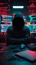 Anonymous hacker. Dark silhouette of a person in a hood against a background of blurred high-tech workspace