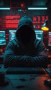 Anonymous hacker. Dark silhouette of a person in a hood against a background of blurred high-tech workspace