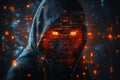 Anonymous hacker with digital abstract binary code face mask. Cyberattack concept. Dark web activity. Cyber security threat. Royalty Free Stock Photo