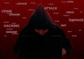 An anonymous hacker in the hood with a laptop, against the backdrop of digital technology terms. Concept: digital data theft,