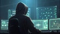 Anonymous Hacker in Hooded Sweatshirt Working on Multiple Comput Royalty Free Stock Photo