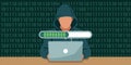 Anonymous hacker in a hoodie with a laptop and binary code progress bar hacking computer Royalty Free Stock Photo