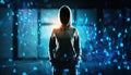 Anonymous hacker in hoodie standing in digital network background