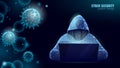 Anonymous hacker at the laptop computer Internet security. Cyber attack business concept low poly. Server polygonal
