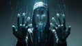 Anonymous hacker with luminous binary face in dark, high tech environment symbolizing cybercrime Royalty Free Stock Photo