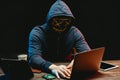 Anonymous hacker man with laptop