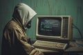 Anonymous Hacker Next to Vintage Computer