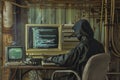 Anonymous Hacker Next to Vintage Computer
