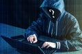 Anonymous hacker programmer uses a laptop to hack the system. Stealing personal data. Infection of malicious virus Royalty Free Stock Photo