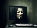 Anonymous hacker in screen of computer monitor. Concept of hacking, cybersecurity, cybercrime, cyberattack