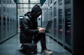 Anonymous hacker typing computer. Concept of cybercrime, cyberattack, dark web. AI generative Royalty Free Stock Photo