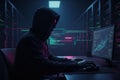 Anonymous hacker typing on keyboard in server room with glowing code Royalty Free Stock Photo