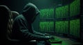 Anonymous hacker wearing hoodie working on multiple computer screens with green digital code data Royalty Free Stock Photo