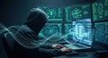 Anonymous hacker working late at night on computer with multiple screens displaying code and data graphs cybersecurity concept Royalty Free Stock Photo