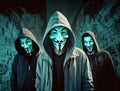 Anonymous hacking group, unknown men in black hoodie with hoods and white masks