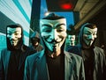 Anonymous hacking group, unknown men in black hoodie with hoods and white masks