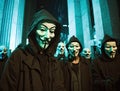 Anonymous hacking group, unknown men in black hoodie with hoods and white masks