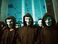 Anonymous hacking group, unknown men in black hoodie with hoods and white masks