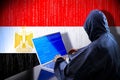 Anonymous hooded hacker, flag of Egypt, binary code - cyber attack concept Royalty Free Stock Photo