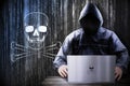 Anonymous hooded hacker, pirate skulls, binary code - cyber attack concept