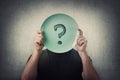 Anonymous man hiding his identity, covering face using an empty dish plate with question mark. Global crisis, food supply problem Royalty Free Stock Photo