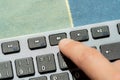 Anonymous man pressing the mute button, sound off key on a modern computer keyboard, hand, finger closeup, detail. Muting Royalty Free Stock Photo