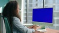 Anonymous manager talking blue screen monitor. Ceo having mockup videocall
