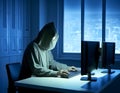 Modernized hacker with hoodie. Concept of dark web, cybercrime, cyberattack. AI generated image