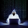 Modernized hacker with hoodie. Concept of dark web, cybercrime, cyberattack. AI generated image