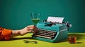 Anonymous person at table with glass of wine and old typewriter with two colored background, Generative AI