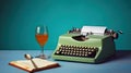 Anonymous person at table with glass of wine and old typewriter with two colored background, Generative AI