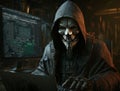 Anonymous robot hacker typing computer laptop. Concept of hacking cybersecurity, cybercrime, cyberattack, etc