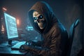 Anonymous skeleton hacker with hood sitting next to computer, AI Generative