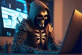 Anonymous skeleton hacker with hood sitting next to computer, AI Generative